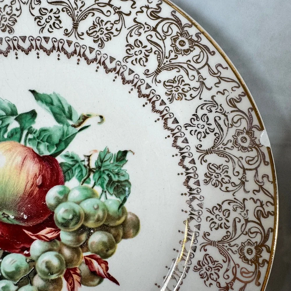 Lot of‎ 6 Salem Ovenproof Salad Plates Fruit Pattern 23K Gold Rims 7.25